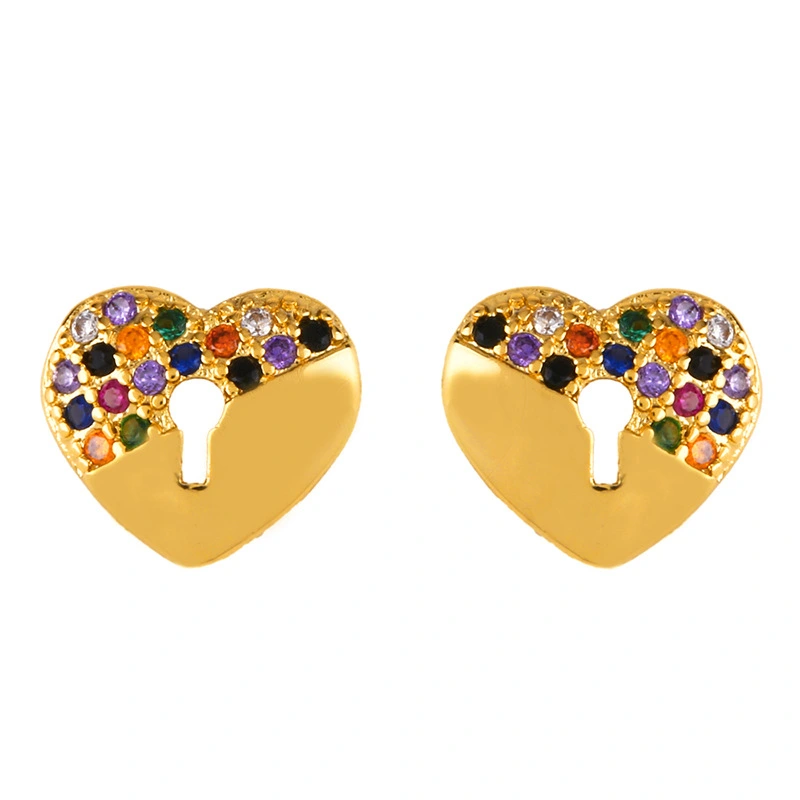 Original European and American Internet celebrity same style jewelry micro-inlaid colored zirconium earrings exquisite small heart geometric earrings wholesale