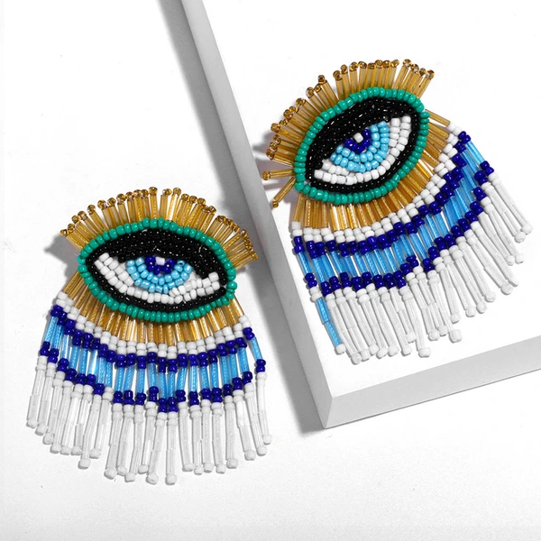 Clearance Bohemian long tassel earrings hand-woven rice bead earrings devil eye earrings erq90