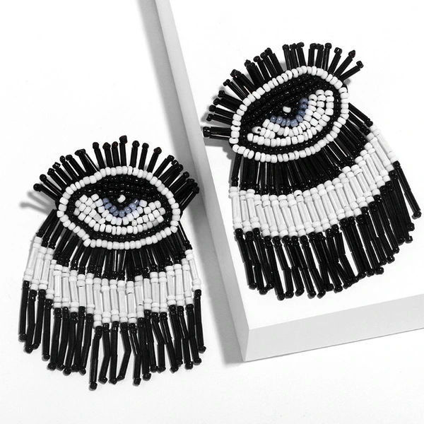 Clearance Bohemian long tassel earrings hand-woven rice bead earrings devil eye earrings erq90