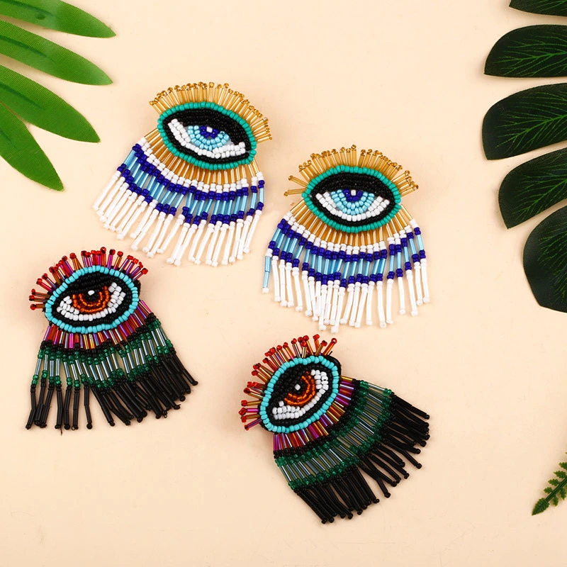 Clearance Bohemian long tassel earrings hand-woven rice bead earrings devil eye earrings erq90