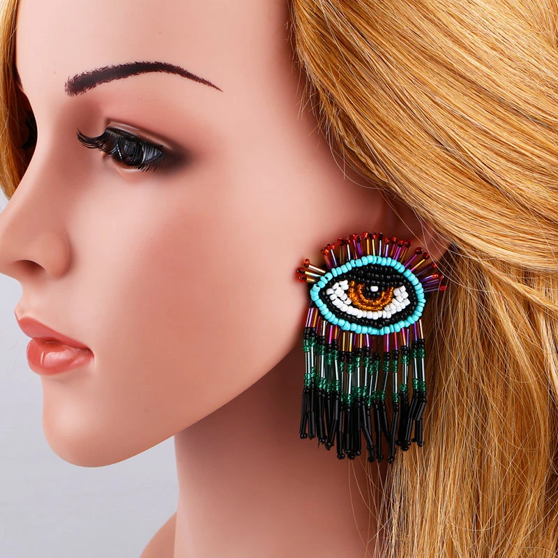 Clearance Bohemian long tassel earrings hand-woven rice bead earrings devil eye earrings erq90