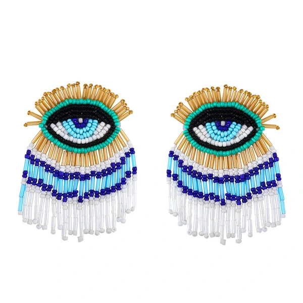 Clearance Bohemian long tassel earrings hand-woven rice bead earrings devil eye earrings erq90