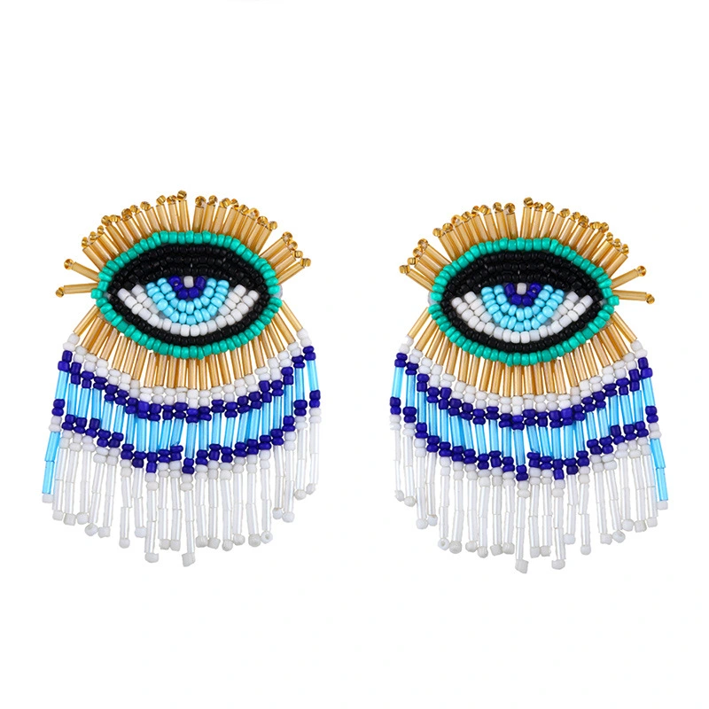 Clearance Bohemian long tassel earrings hand-woven rice bead earrings devil eye earrings erq90