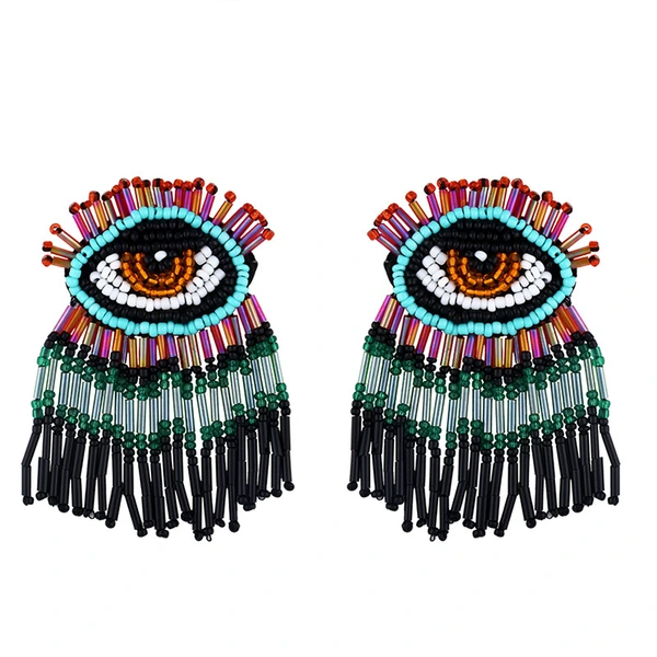 Clearance Bohemian long tassel earrings hand-woven rice bead earrings devil eye earrings erq90