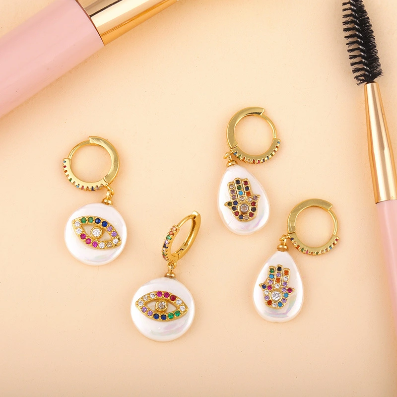 Pearl earrings European and American devil's eye micro-inlaid colored diamond earrings water drop round geometric earrings female err52