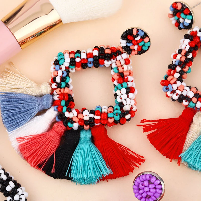 Clearance jewelry rice bead tassel earrings women's geometric diamond earrings earrings factory direct sales wholesale erq13