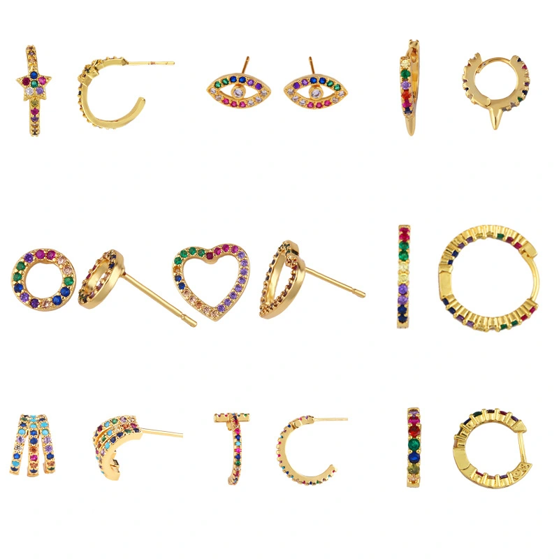 Original European and American Internet celebrity same style jewelry micro-inlaid colored zirconium earrings exquisite small heart geometric earrings wholesale