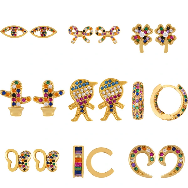 Original European and American Internet celebrity same style jewelry micro-inlaid colored zirconium earrings exquisite small heart geometric earrings wholesale