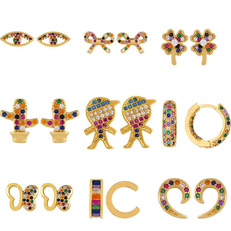 Original European and American Internet celebrity same style jewelry micro-inlaid colored zirconium earrings exquisite small heart geometric earrings wholesale