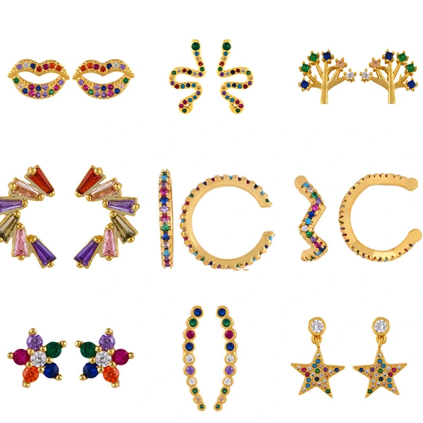 Original European and American Internet celebrity same style jewelry micro-inlaid colored zirconium earrings exquisite small heart geometric earrings wholesale