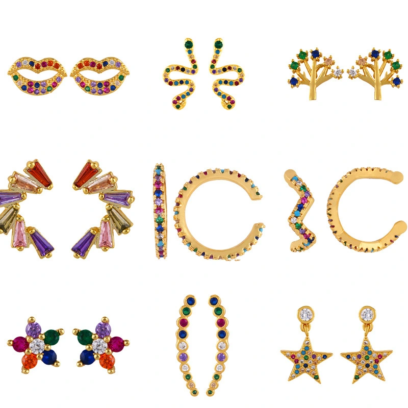 Original European and American Internet celebrity same style jewelry micro-inlaid colored zirconium earrings exquisite small heart geometric earrings wholesale