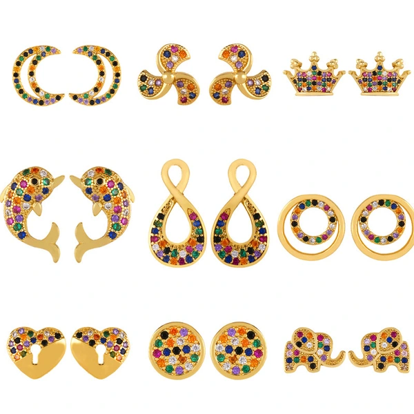 Original European and American Internet celebrity same style jewelry micro-inlaid colored zirconium earrings exquisite small heart geometric earrings wholesale