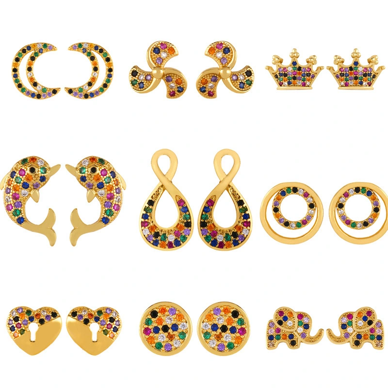 Original European and American Internet celebrity same style jewelry micro-inlaid colored zirconium earrings exquisite small heart geometric earrings wholesale