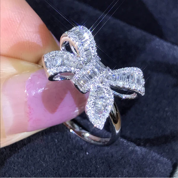 Flower Fairy series new bow step diamond ring beautiful luxury simulation diamond ring temperament women