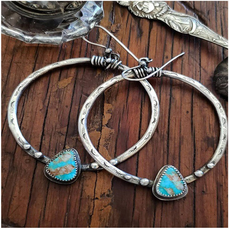 Hot retro silver imitation turquoise female earrings trendy creative eyelash handmade large circle earrings