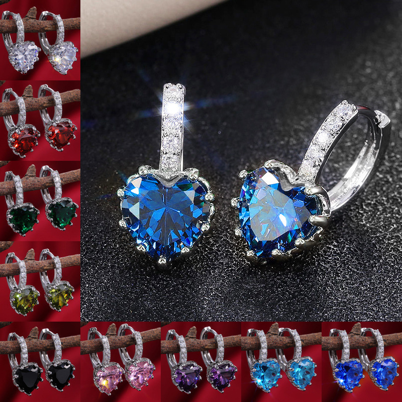 Hot selling new fashion multi-color zircon heart earrings temperament peach heart crystal earrings jewelry