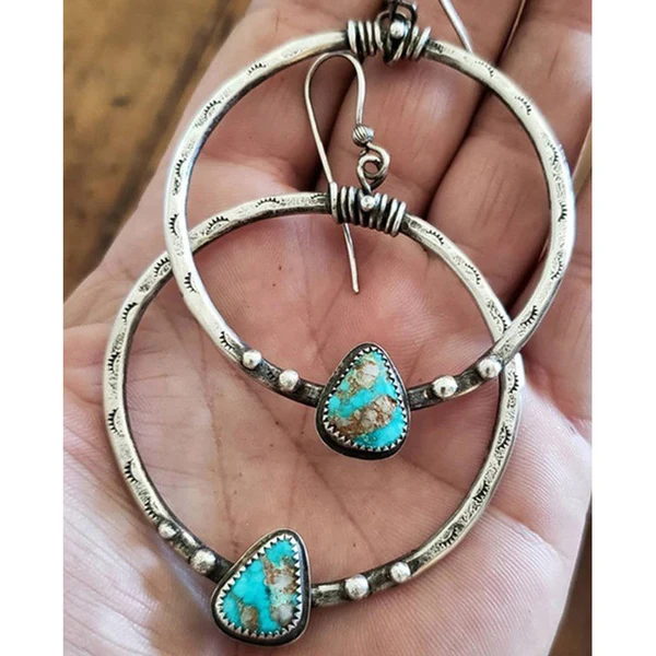 Hot retro silver imitation turquoise female earrings trendy creative eyelash handmade large circle earrings