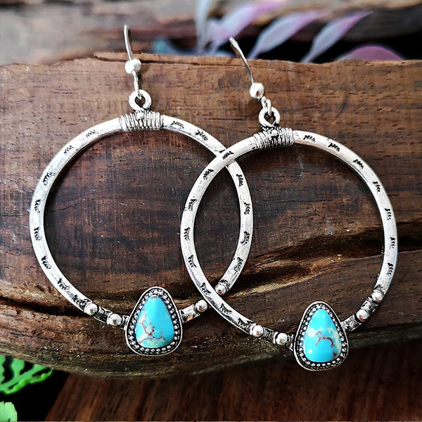 Hot retro silver imitation turquoise female earrings trendy creative eyelash handmade large circle earrings