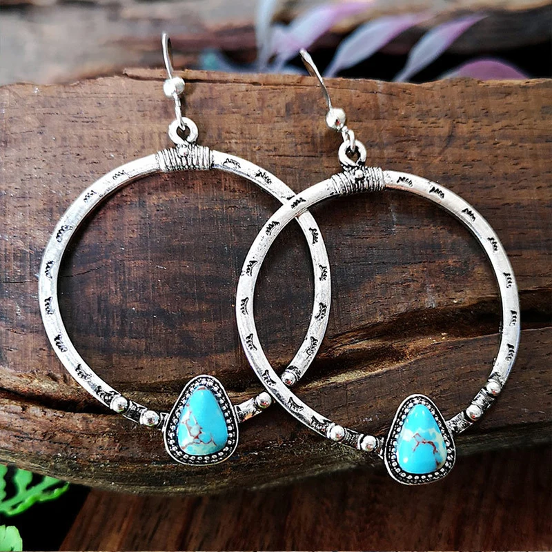 Hot retro silver imitation turquoise female earrings trendy creative eyelash handmade large circle earrings