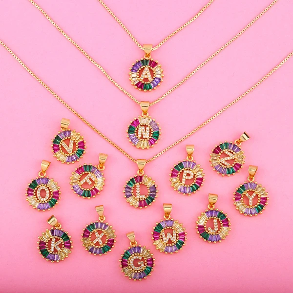 26 English alphabet necklace colored zircon letter round pendant for men and women wholesale nkp34