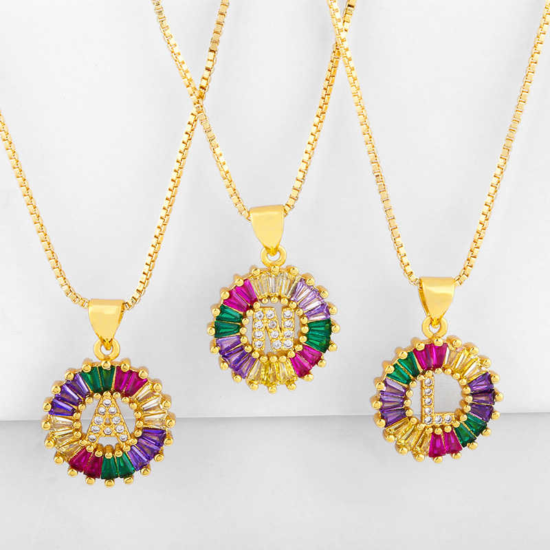 26 English alphabet necklace colored zircon letter round pendant for men and women wholesale nkp34