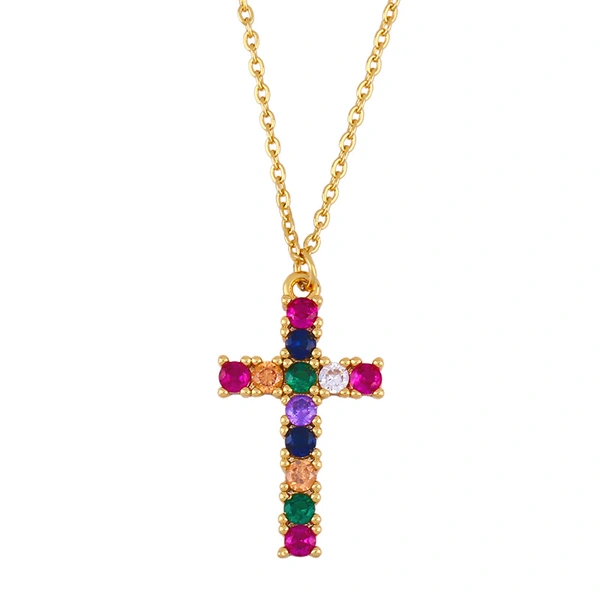 E-commerce new European and American necklace cross Madonna pendant necklace inlaid with colored zircon necklace nkq16
