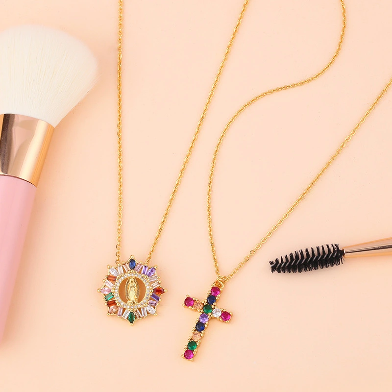 E-commerce new European and American necklace cross Madonna pendant necklace inlaid with colored zircon necklace nkq16