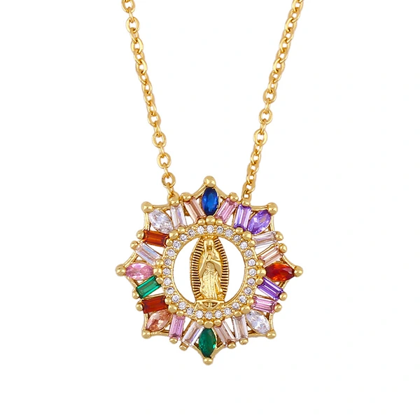 E-commerce new European and American necklace cross Madonna pendant necklace inlaid with colored zircon necklace nkq16