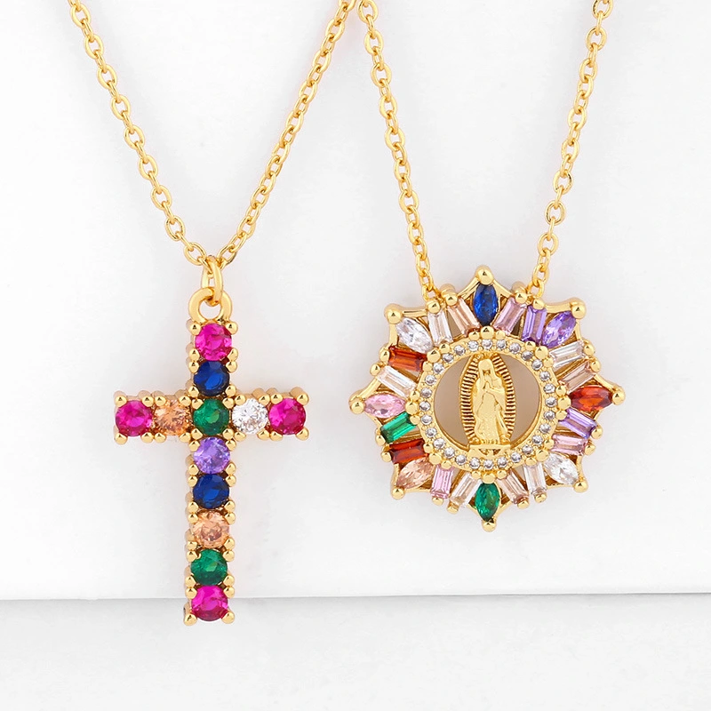 E-commerce new European and American necklace cross Madonna pendant necklace inlaid with colored zircon necklace nkq16