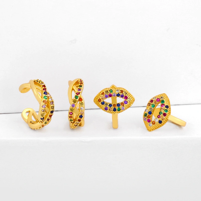 Original design earrings with micro-inlaid colored zircon mouth ear clips for non-pierced ears ear bone clips wholesale ers51