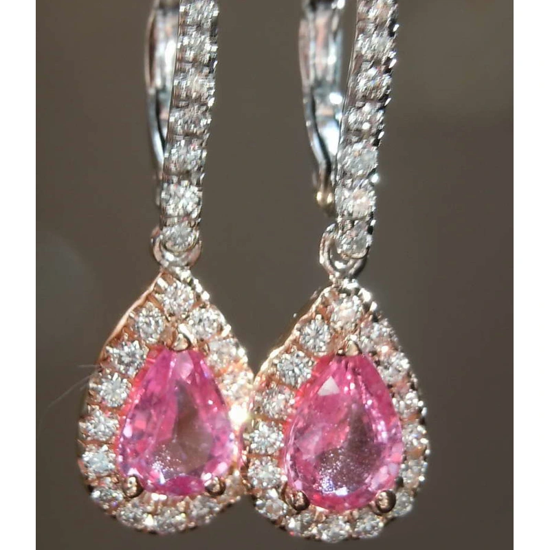  Hot selling two-tone plated versatile teardrop-shaped pink diamond earrings fashionable European and American style women's jewelry