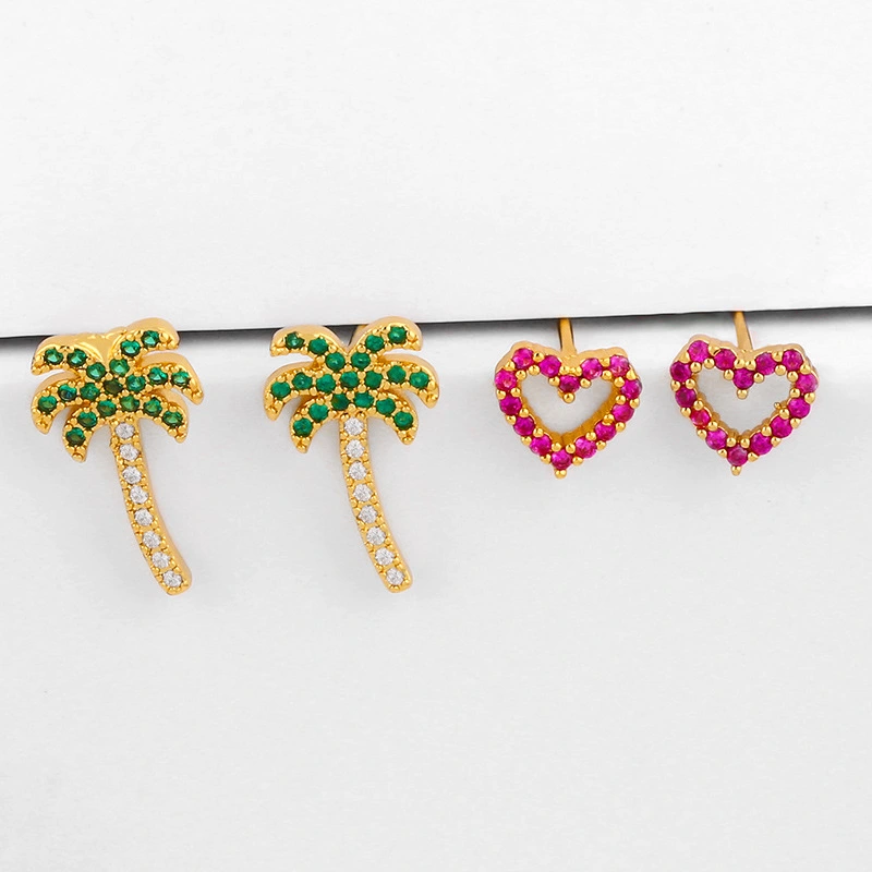 Clearance creative ocean style coconut tree earrings peach heart love zircon earrings female jewelry wholesale ers78