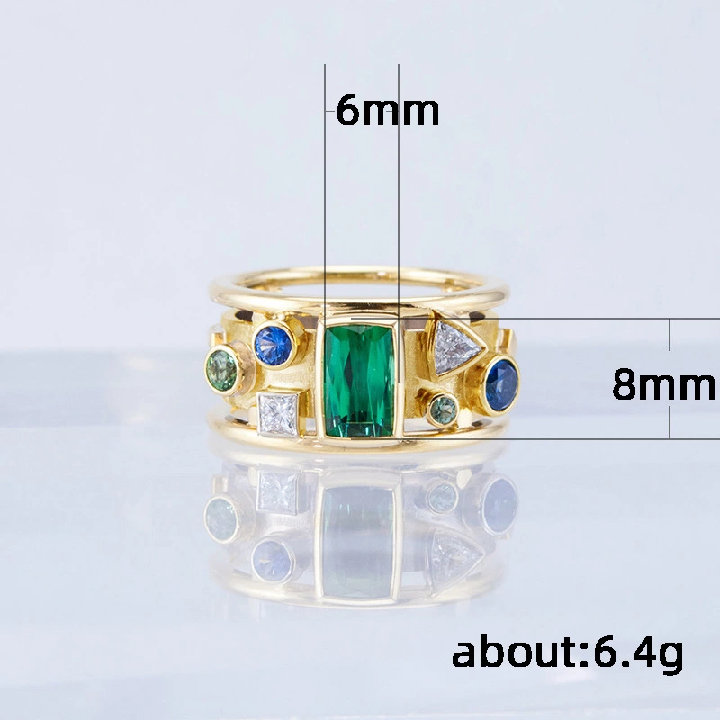 Creative new hot selling retro geometric pattern ring female gold inlaid green zircon ring accessories