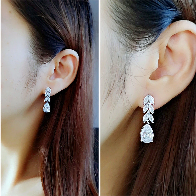 Jewelry wholesale European and American fashion women's medium and long zircon earrings leaf teardrop shaped zircon earrings