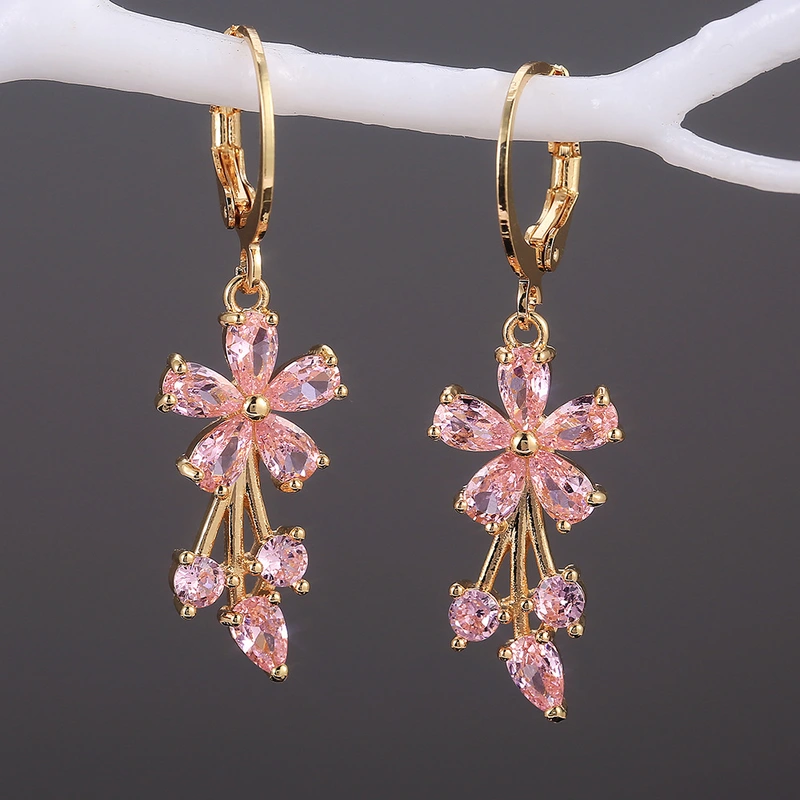 E-commerce European and American fashion OL women's floral earrings copper inlaid zircon electroplated earrings wholesale