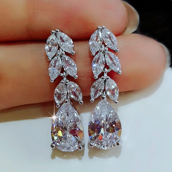 Jewelry wholesale European and American fashion women's medium and long zircon earrings leaf teardrop shaped zircon earrings