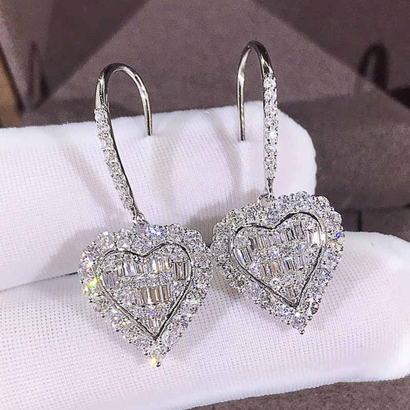 Personalized girls peach heart ear hook earrings forest style new versatile zircon heart net celebrity same style earrings wholesale