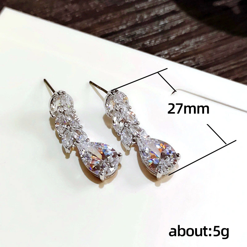 Jewelry wholesale European and American fashion women's medium and long zircon earrings leaf teardrop shaped zircon earrings