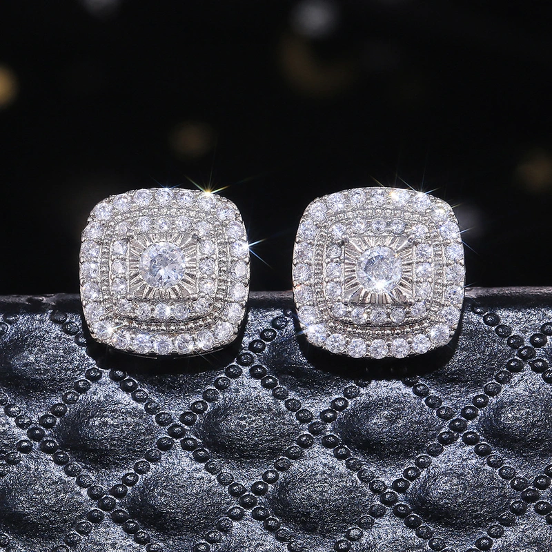 Hot selling new products in Europe and America recommended fashionable and atmospheric micro-inlaid white zircon earrings for women retro square double earrings