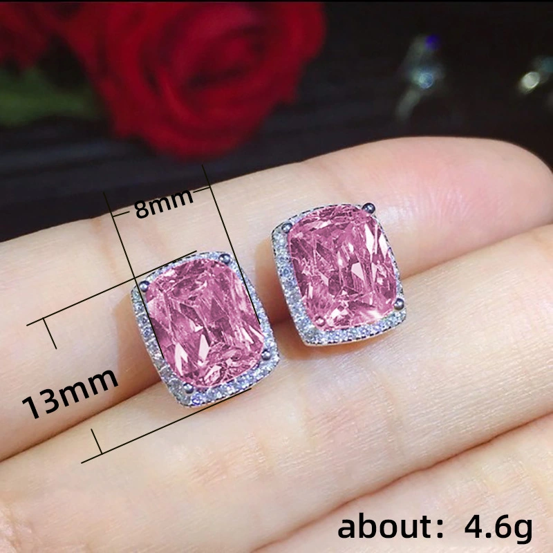 Hot selling exquisite square women's earrings with full diamonds and pink zircon earrings jewelry wholesale