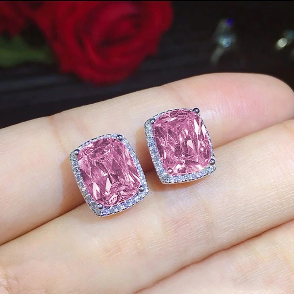 Hot selling exquisite square women's earrings with full diamonds and pink zircon earrings jewelry wholesale