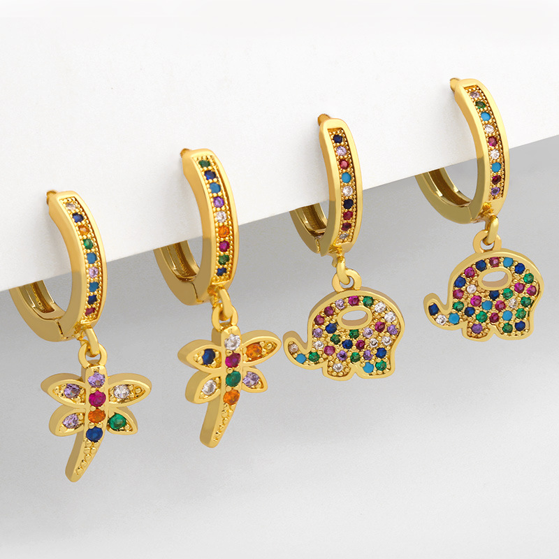 European and American new cute elephant earrings earrings real gold plated earrings fashion insect dragonfly earrings eru78