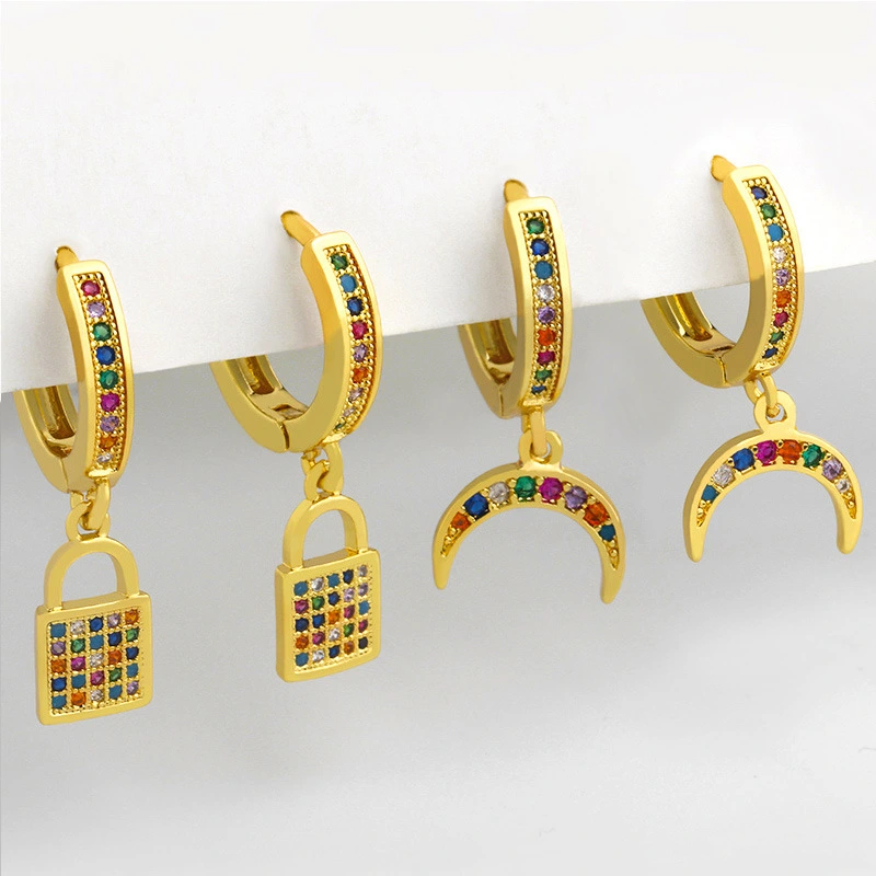 Clearance European and American jewelry temperament full diamond crescent earrings style Internet celebrity lock pendant earrings wholesale eru83