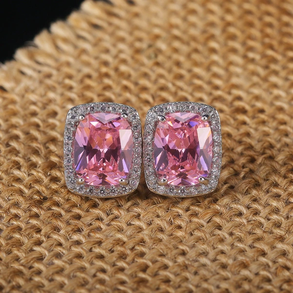 Hot selling exquisite square women's earrings with full diamonds and pink zircon earrings jewelry wholesale