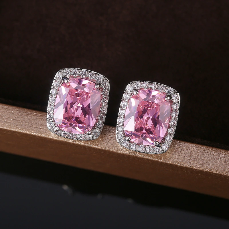 Hot selling exquisite square women's earrings with full diamonds and pink zircon earrings jewelry wholesale