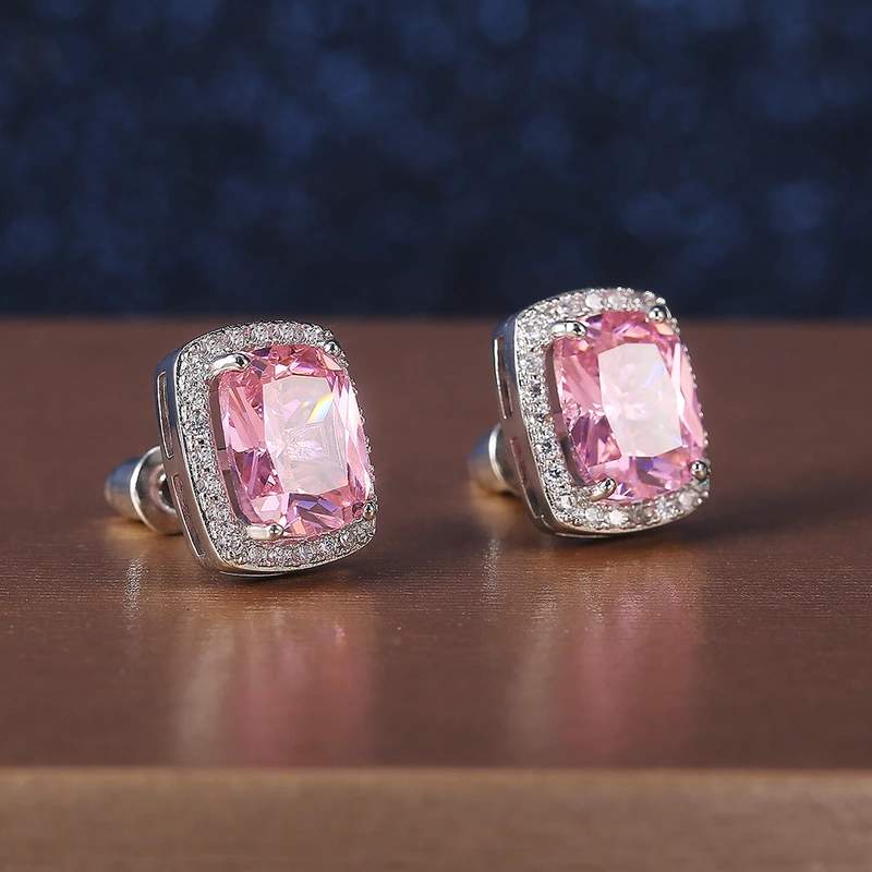Hot selling exquisite square women's earrings with full diamonds and pink zircon earrings jewelry wholesale