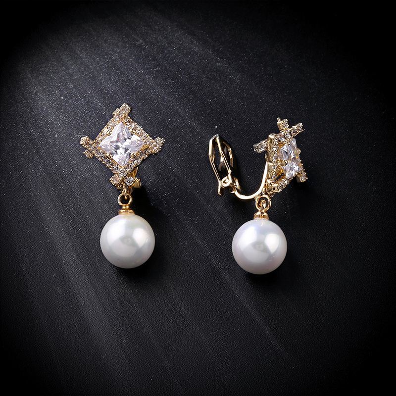 New jewelry geometric zircon pearl earrings female comfortable non-pierced ear clip high-end earrings erj34
