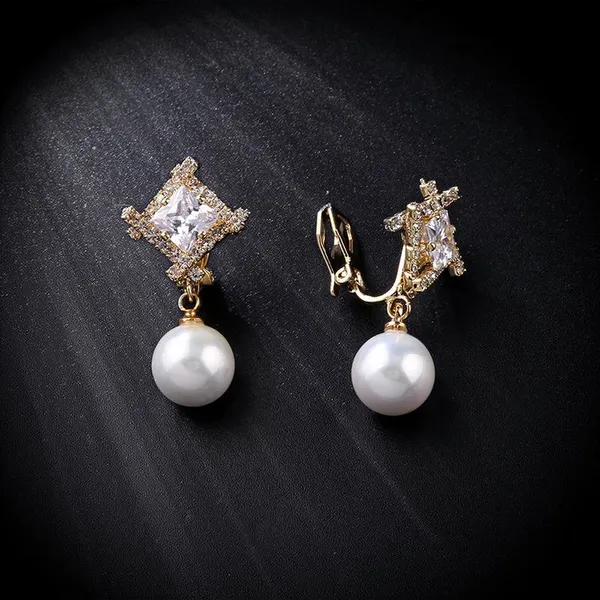 New jewelry geometric zircon pearl earrings female comfortable non-pierced ear clip high-end earrings erj34