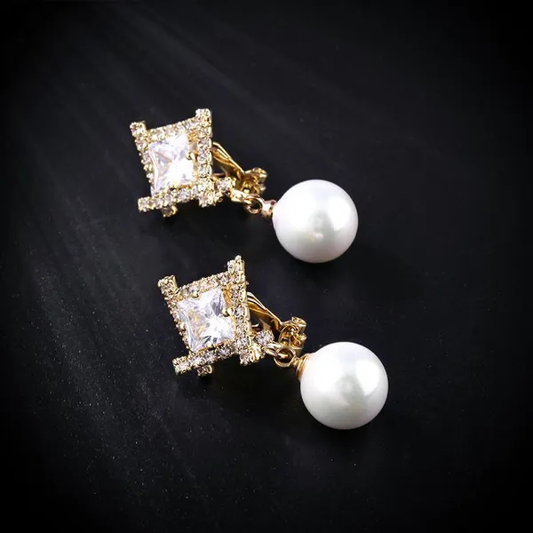 New jewelry geometric zircon pearl earrings female comfortable non-pierced ear clip high-end earrings erj34