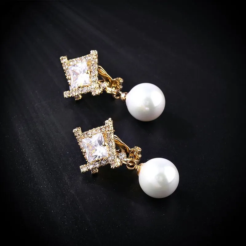 New jewelry geometric zircon pearl earrings female comfortable non-pierced ear clip high-end earrings erj34